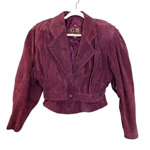 Vintage 90s Women's Burgundy Suede Blazer‎ Jacket Structured Shoulders Power S